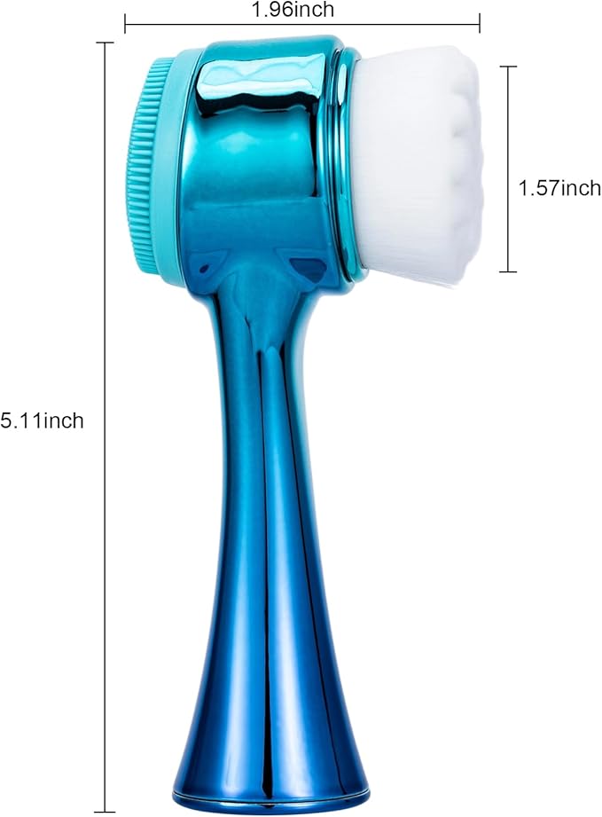 Face Brush 2 in 1, Facial Cleansing Exfoliating Scrubber Brush, Silicone Double Side Manual Face Wash Scrub Brush with Soft Fiber for Deep Pore Cleansing, Massaging, Skin Care,Gradient Blue