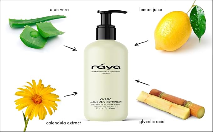 RAYA Calendula Astringent with AHA 16 oz (G-206) | Glycolic Facial Toner for Combo and Partially Oily Skin Prone to Break-Outs | Helps Normalize pH and Fight Bacteria | Made with Alpha Hydroxy Acids