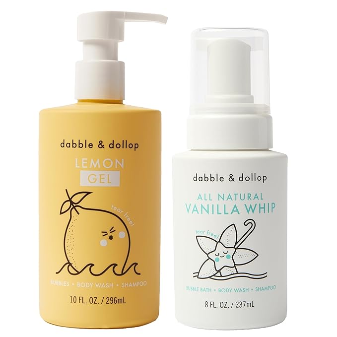 Dabble & Dollop Lemon + Vanilla Body Wash & Shampoo – 3-in-1 Natural Bubble Bath for Kids, No Parabens or Sulfates, Vegan, Gluten-Free, Tear-Free (2-Pack)