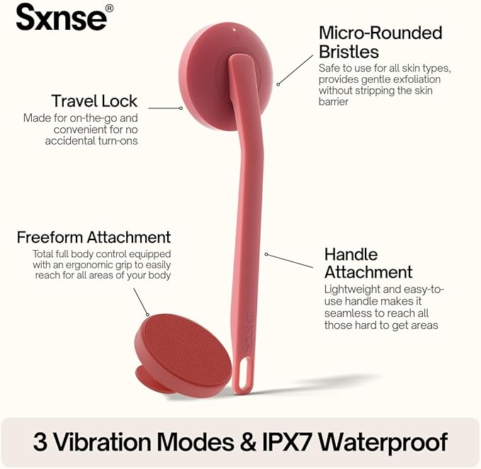 Aura Body Clean Pro⁺ - Silicone Electric Body Scrubber for Acne, Ingrown Hair & KP - IPX7 Waterproof, Rechargeable Exfoliating Shower Brush with Handle. Freeform Grip, & 7000+ Sonic Vibration - Cherry