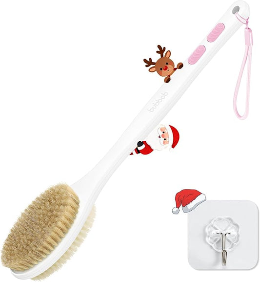 Back Scrubber for Shower with Long Handle, Exfoliating Bath Brush for Body - Double Sided Bristles (Stiff & Soft), Anti-Slip Grip, Lightweight - Gift for Seniors, Includes Lanyard & Hook, Pink