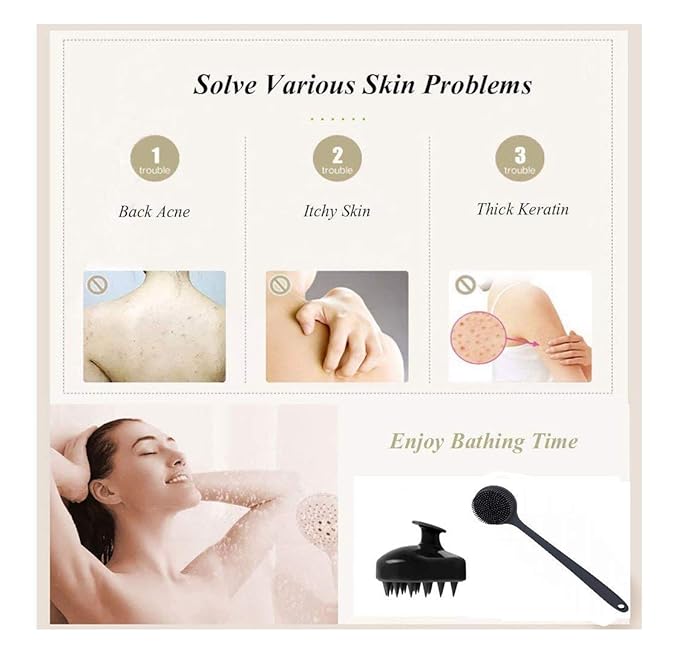 Silicone Body Scrubber & Scalp Massager, Long Handle Shower Brush, Exfoliating Scrubber for Men, Women & Kids