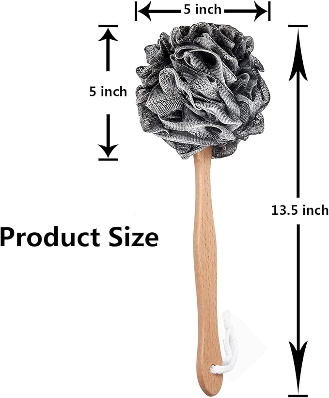 Shower Sponge Loofah Back Scrubber, Soft Mesh Body Scrubber with Wooden Handle, Bath Sponge for Women Kids (Black)