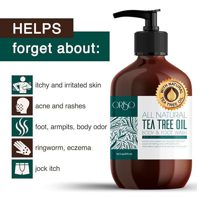 Tea Tree Oil Body Wash - Helps Athletes Foot, Ringworm, Jock Itchy, Acne, Eczema, Yeast Infection, Body Odor, Itchy Skin - With Moisturizing Aloe - Sulfate Free - 16oz