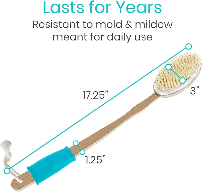 Vive Back Scrubber for Shower – Long Handle Dry Brushing Body Brush with Soft & Stiff Bristles – Exfoliating Shower Loofah & Bath Scrubber Cleaner for Women, Men, Elderly – Antiskid Grip