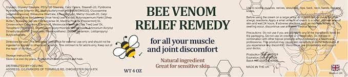 Natural Organic Bee Venom Muscle & Joint Cream, Extra Effective Muscle & Joint Care, for Neck, Hand, Feet, Knee, Muscles, Shoulder, Wrist, Elbow, Ankle, Foot Aches, Arnica, Vitamin B6