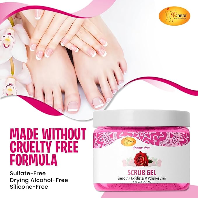 SPA REDI – Exfoliating Scrub Pumice Gel, Sensual Rose, 16 oz - Manicure, Pedicure and Body Exfoliator Infused with Hyaluronic Acid, Amino Acids, Panthenol and Comfrey Extract