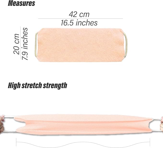Inmorven Exfoliating Back Scrubber with Handles, Nylon Back Exfoliator, Two Sides Stretchable Pull Strap Shower Deep Cleans Skin Massages Invigorating Blood Circulation for Women Men Body (Pink)