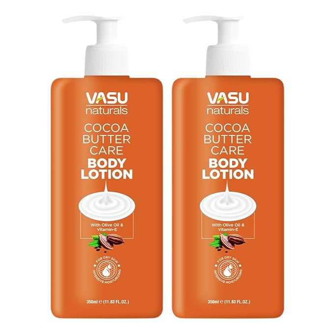 Vasu Naturals Cocoa Butter Body Lotion for Dry Skin - 24-Hour Hydration with Olive Oil & Vitamin E, Non-Greasy, Fast-Absorbing Moisturizer - Pack of 2-11.83 fl oz each