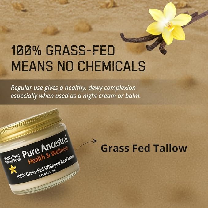 Pure Ancestral Health & Wellness 100% Grass Fed Beef Tallow for Skin Care - Face + Body - Whipped Moisturizer for Sensitive Skin - Natural Lotion | Travel Size 2 Oz. (Vanilla Scented)