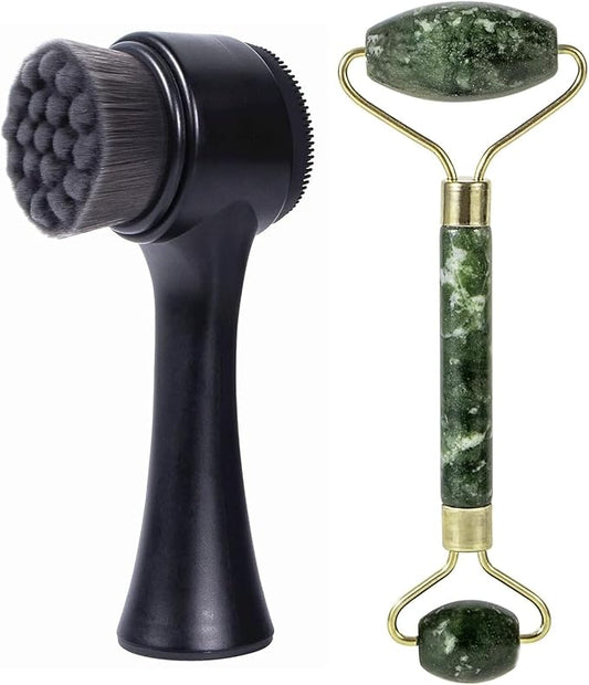 Face Brush 2 in 1, Silicone Facial Cleansing Exfoliating Brush Soft Bristles Pore Deep Cleansing, Jade Face Roller Skin Care Tools, Manual Dual Face Wash Scrub Brush Massaging Gift, BlackGreen
