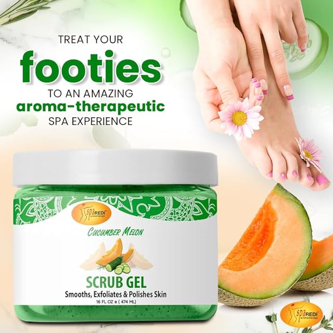 SPA REDI – Exfoliating Scrub Pumice Gel, Cucumber Melon, 16 oz - Manicure, Pedicure and Body Exfoliator Infused with Hyaluronic Acid, Amino Acids, Panthenol and Comfrey Extract
