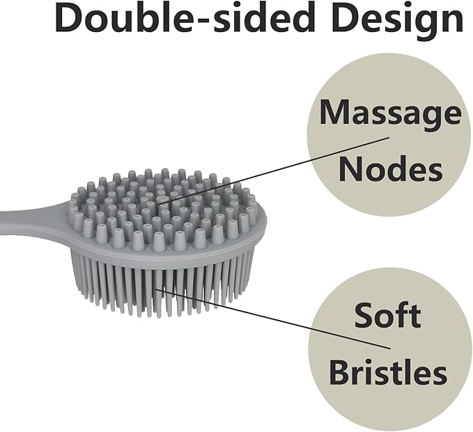 Back Scrubber for Shower, Soft Silicone Back Shower Brush Bath Body Scrubber with Long Handle for Men Women (Grey)