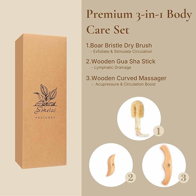 Dry Body Brush Set for Lymphatic Drainage, Natural Sisal Bristle Dry Brushing Body Brush, Wood Therapy Kit with Wooden Acupressure Massage Tools for Face and Body Gua Sha