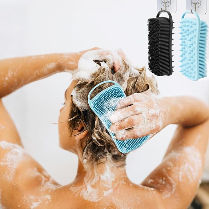 Silicone Body Scrubber, 2 in 1 Soft Silicone Loofah 2 Pack Exfoliating Body Scrubber Loofah for Women Men, Body Scrubber Shower Bath Shampoo Brush with Loop for Sensitive Skin Lather Well, Black &Blue