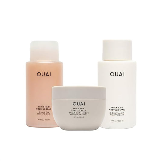 OUAI Thick Hair Bundle - Almond & Olive Oil & Keratin Conditioner, Shampoo & Treatment Masque - Paraben, Phthalate & Sulfate-Free Care (Conditioner & Shampoo 10 Oz each, 8 Fl Oz Masque)