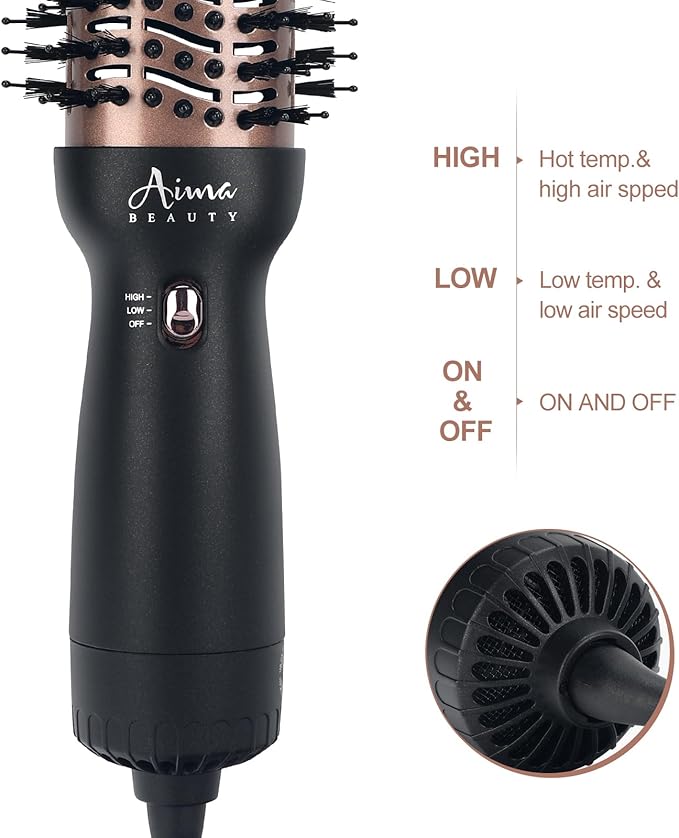 Aima Beauty 4 in 1 Worldwide Travel Hot Air Brush Dual Voltage Blowout Brush Oval Shape 110-120V/220-240V Straightener Blow Dryer Brush Negative Ionic Lock Moisture Gift 360° Swivel Cord Black