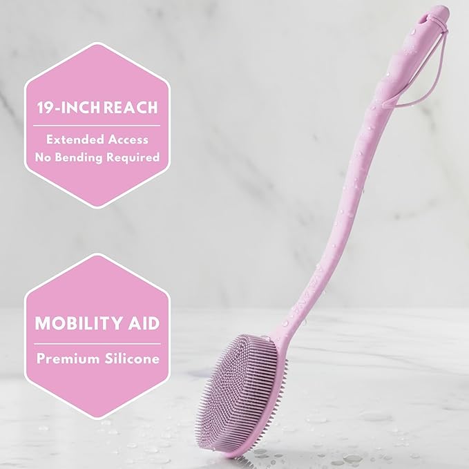 Long Handle Back Scrubber for Shower - 19 inch Extended Reach Silicone Body Brush - Avilana Bath Scrubber Extended Reach Tool - Easy Grip Body Wash Brush Gift