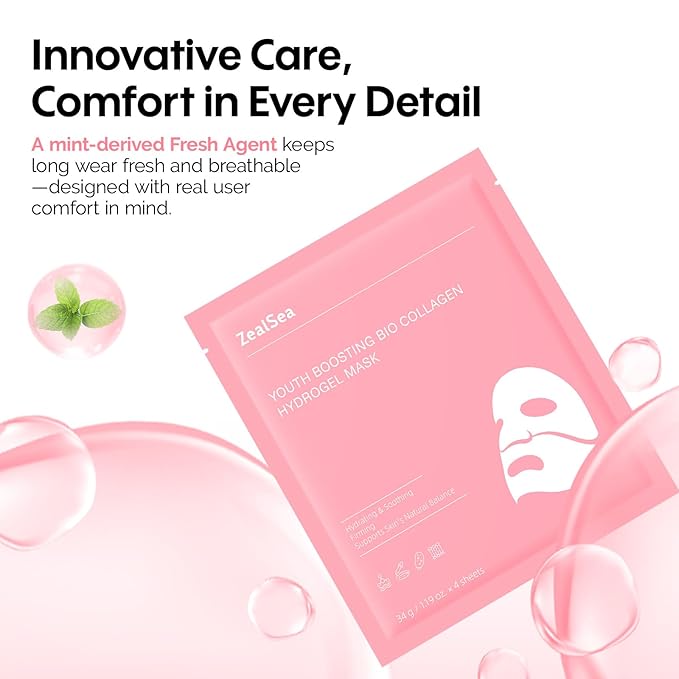 ZealSea Bio Collagen Wrapping Hydrogel Face Mask, Overnight Jelly Gel Sheet Mask for Glass Skin, Deep Hydration, Pore Care, Elasticity Improvement, Firming, Advanced Facial Skincare Solution, 4 Pack