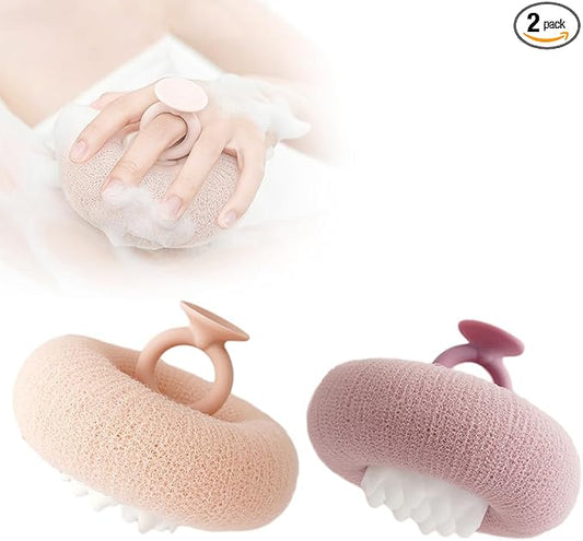 Super Soft Sunflower Suction Cup Bath Ball, 2025 New 2-in-1 Sunflower Bath Ball Exfoliating Bath Sponge Cleaning Brush, Sponge Mesh Pouf Shower Ball for Women, Men Shower (Apricot+Purple)