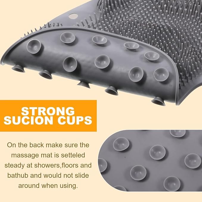 Shower Foot & Back Scrubber, Massage Pad with Suction Cups & Pumice Stone, Multi-Surface Silicone Bath Mat for Exfoliating and Massaging in Shower or Bathtub, 9.8x11.8 Inch (Beige)