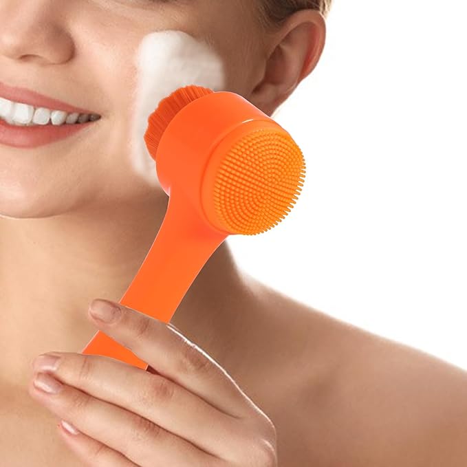 Face Brush 2 in 1, Silicone Facial Cleansing Exfoliating Brush Soft Bristles Pore Deep Cleansing Manual Dual Face Wash Scrub Brush for Massaging, Makeup Skincare Removal, Fluorescent Orange