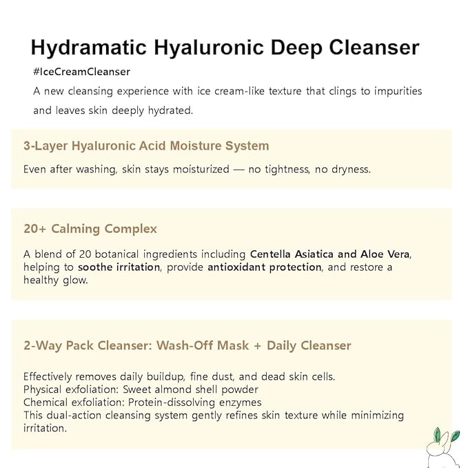 Hydramatic Hyaluronic Deep Ice Cream Cleanser Face Wash for Women 2-in-1 Scrub with Enzymes & Almond - Gentle Facial Cleanser Exfoliator for Sensitive Skin, Korean Skin Care Exfoliant