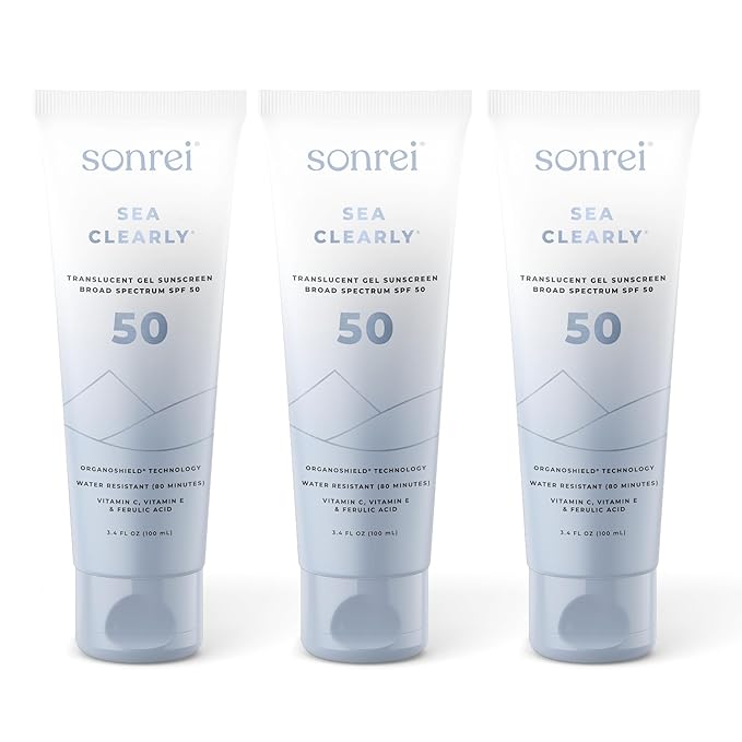Sonrei Sea Clearly Premium SPF 50 Clear Face and Body Organoshield Sunscreen Gel | UVA, UVB & Antioxidant Enriched, UV Protection, Vegan, GMO & Gluten Free - (10.20 Fl Oz (Pack of 3)
