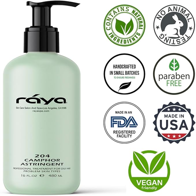RAYA Camphor Astringent 16 oz (204) | Effective Facial Toner for Oily and Break-Out Skin | Helps Dry Up Blemishes and Control Excessive Oiliness | Made with Camphor and Eucalyptus