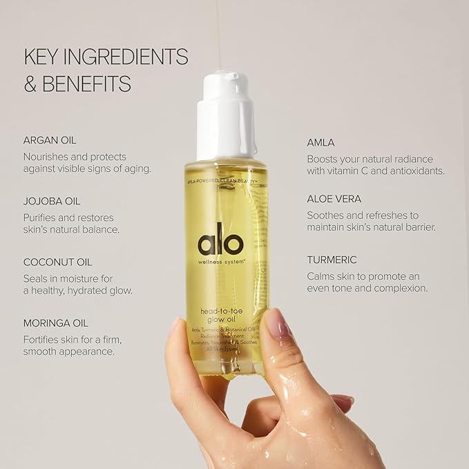 Alo Head-to-Toe Glow Oil | Glow-Boosting Natural Dry Body Oil | Jojoba, Amla, Aloe & Vitamin E | Hydrates & Nourishes Skin | Citrus Scent | 0.7 Oz