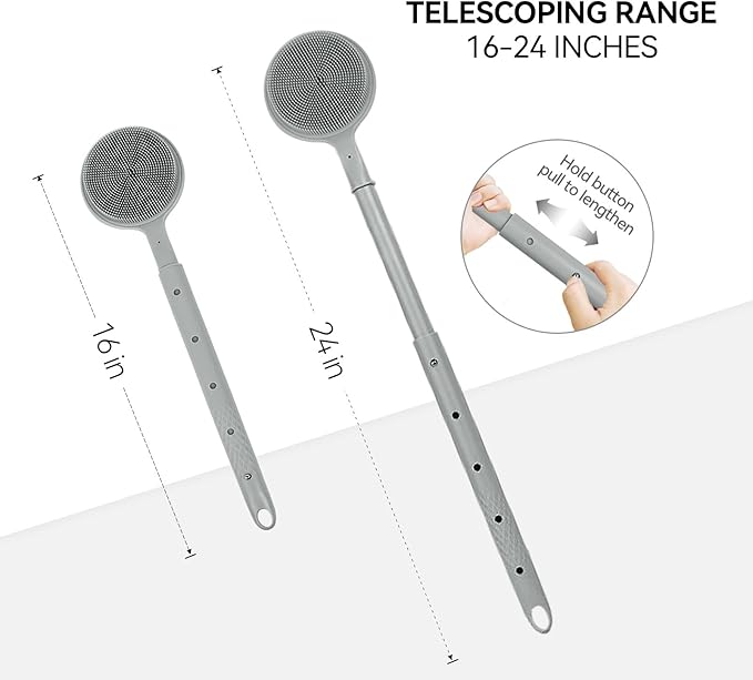 Back Scrubber for Shower, (16-24 Inch) Extendable Bath Brush Long Handle for Shower, Silicone Body Scrubber with Handle, Back Brush for Shower Men and Women,Easy to Clean (Gray)