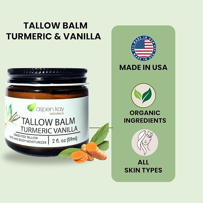 Aspen Kay Naturals Handmade 100% Grass Fed Beef Tallow Balm for Skin Care, Organic Turmeric Moisturizer + Vitamin C (Turmeric Vanilla) Organic Body Butter - 2 fl. oz. Made in USA