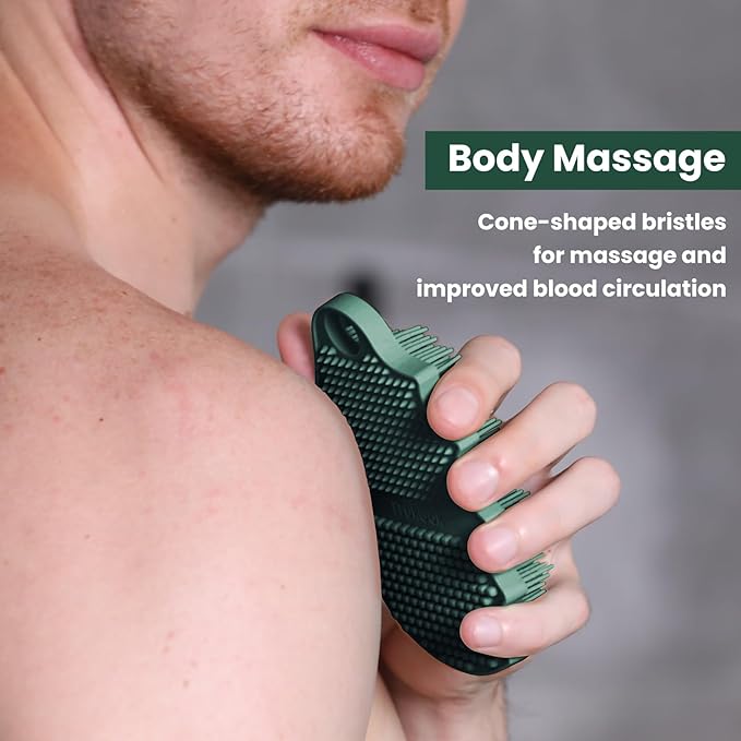 Silicone Body Scrubber Silver-Infused Dual-Sided 3-in-1 for Shower, Body Cleaning+Massage+Exfoliator Body Brush Buffer for Men and Women, Silicone Loofah, Non-Slip Handle (Midnight Green)