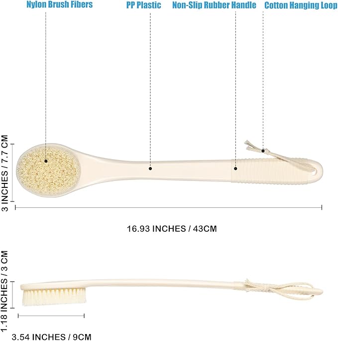 17-Inch Back Scrubber for Shower, Anti-Slip Exfoliating Body Brush for Bath, Gentle Back Brush for Shower for Men, and Women, Cleaning Skin for Smooth, Glowing Skin (Cream White)