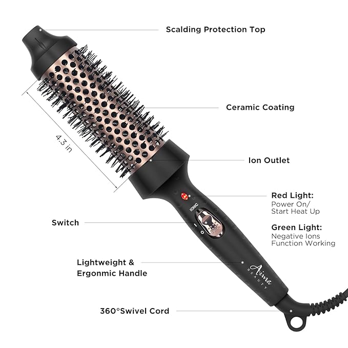 Aima Beauty Hair Curling Iron Brush, 1.5" Ceramic Hot Brush for Loose Curls, Dual Voltage & 60Mins Auto-Off, Black
