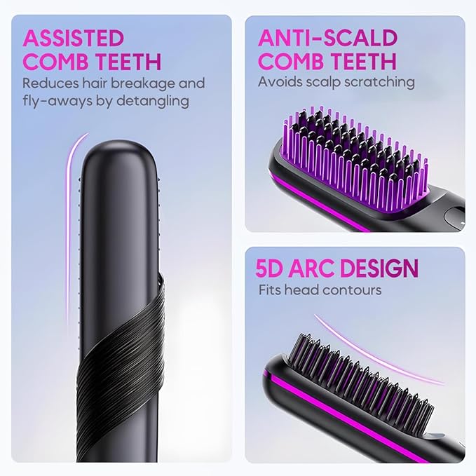 Go Brush Pro, 2026 Upgraded Go Brush Pro, Portable Straightener Brushs for Travel, with LCD Temperature Display, Fast Heating Cordless Mini Hair Brushs, Portable Hair Straightener (Pink)