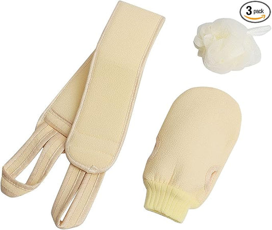 3 Pcs Exfoliating Back Scrubber for Shower, Exfoliating Gloves and Loofah Sponge Set, Body Scrubber Body Brush Set for Men and Women, Deep Clean and Massage Your Body (1 Set, Beige)