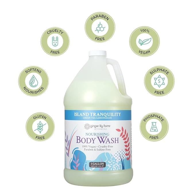 Ginger Lily Farms Botanicals Nourishing Body Wash, Island Tranquility, 100% Vegan & Cruelty-Free, Green Tea Lemongrass Scent, 1 Gallon Refill (128 fl. oz.)