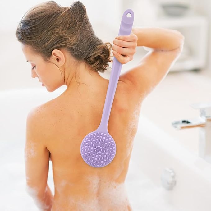 Silicone Back Scrubber for Shower, 14.7in Then Handle Body Brush, Double Sided Shower Brush for Shower Exfoliating and Massage Can Produce Rich Foam, Long Handle Back Scrubber for Men and Women