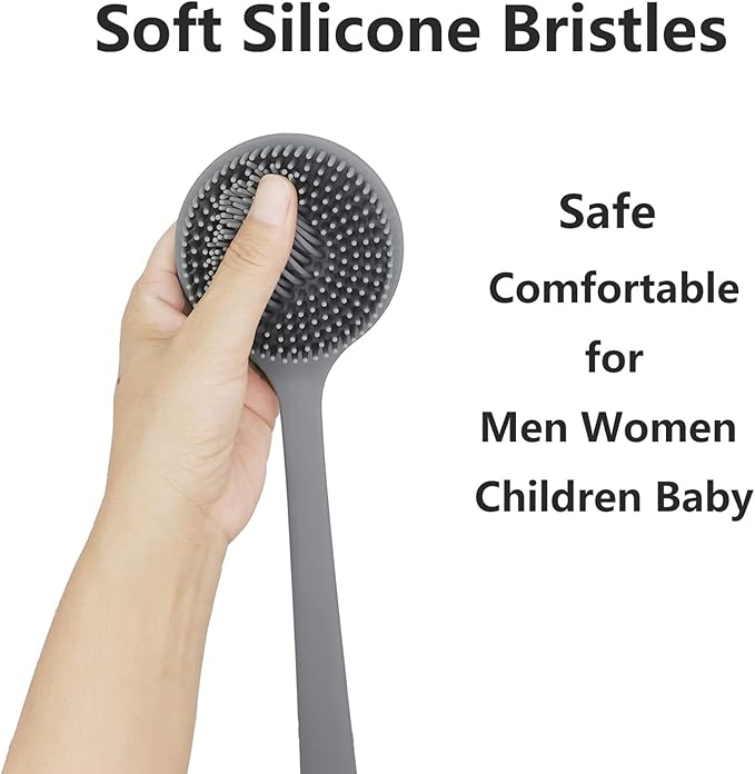 Back Scrubber for Shower, Soft Silicone Back Shower Brush Bath Body Scrubber with Long Handle for Men Women (Grey)