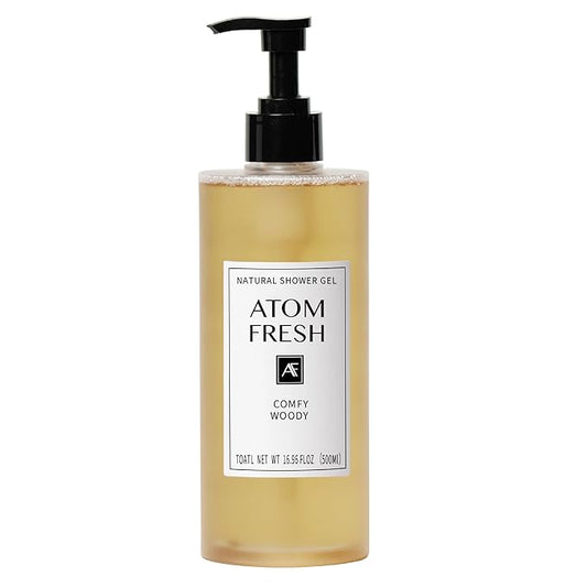 Atom Fresh Fine Fragrance Body Wash – Comfy Woody Scent | Gentle Amino-Acid Cleanser with Oat, Soapberry & Vitamin E | Plant-Based & Sulfate-Free, 16.94 fl oz