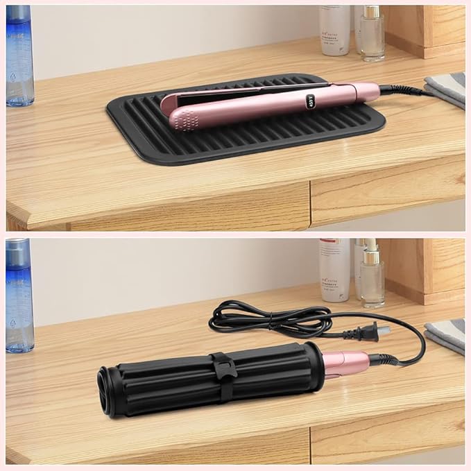 Oversize 15.7" x 11.8" Heat Resistant Mat, Portable Travel Silicone Heat Mat for Curling Irons, Flat Irons, Hair Straightener and Hot Hair Styling Tools, Hot Iron Holster, Vanity Pad with Ties Black