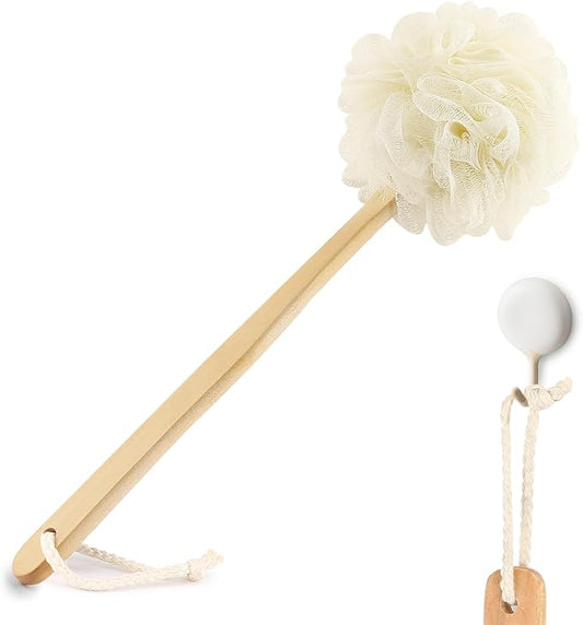 White Loofah on a Stick PE Soft Mesh Luffa Made of Soft and Sturdy Rubber Material Back Scrubber for Shower for Women and Men with String for Easy Hanging