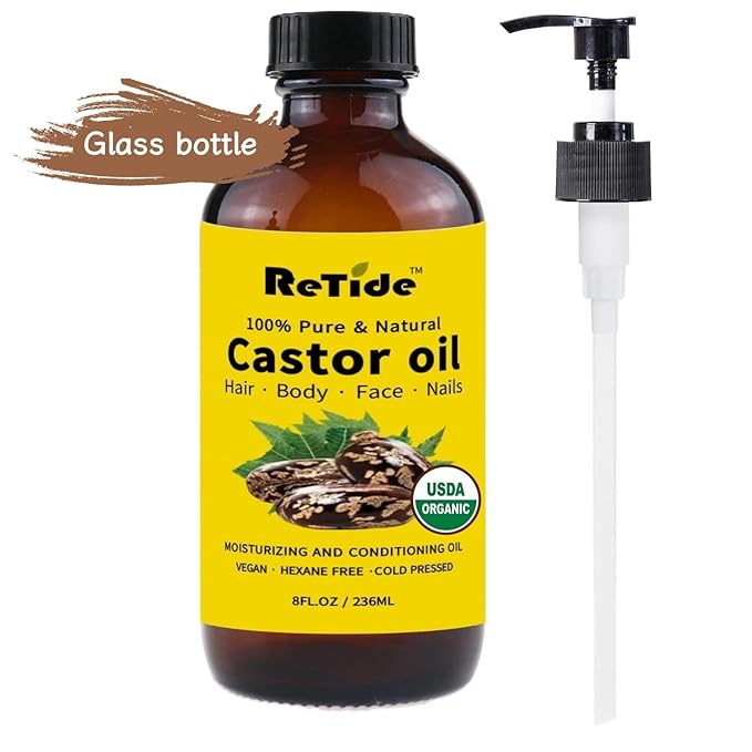 Pure Organic Cold Pressed Castor Oil, Natural Hair, Skin, Nails Treatment, Hexane Free, Amber Glass Bottle, 8 Fl Oz