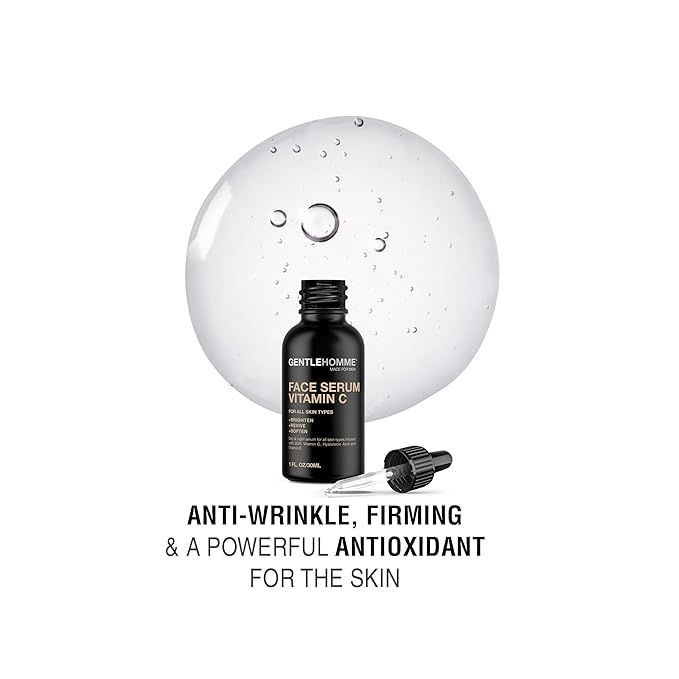 Gentlehomme - Vitamin C Face Serum - Men’s Facial Serum - With 20% Vitamin C, Hyaluronic Acid & Vitamin E - Helps Brighten, Revive & Soften Skin - Day & Night Serum - All Skin Types - Vegan - 1oz
