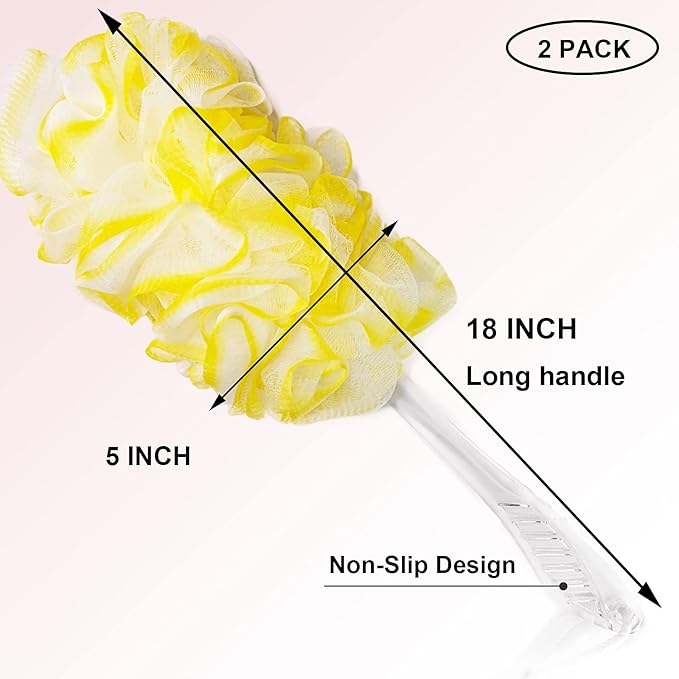 PPHAO Loofah on a Stick - Long Handle Bath Brush for Men & Women - Plastic Loofah - 2Pack - Yellow