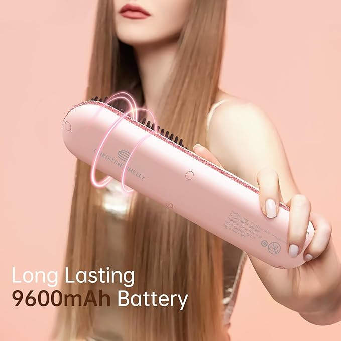 Hair Straightener Brush, Portable Cordless Mini Straightening Brush for Travel, 300M Negative Ions for Frizz-Free Shine, Fast Heating,Hot Comb Hair Straightener with 9 Temps for Women