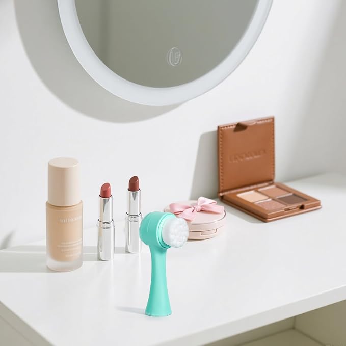 Face Brush 2 in 1, Facial Cleansing Exfoliating Scrubber Brush, Silicone Double Side Manual Face Wash Scrub Brush with Soft Fiber for Deep Pore Cleansing, Massaging, Skin Care,Green