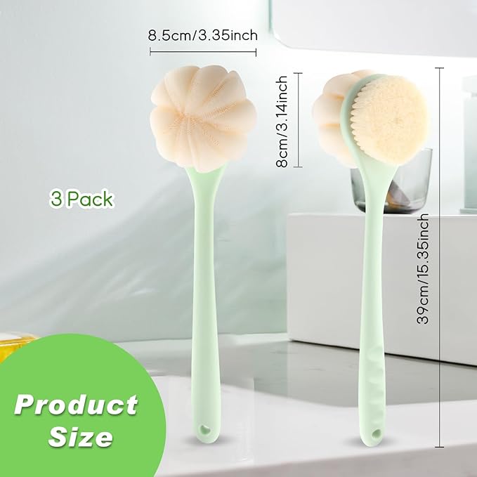 3-Pack Green 15.4" Long Handle Dual Sided Bath Brushes with Soft Bristles and Beautiful Pumpkin Loofah for Gentle Deep Cleansing