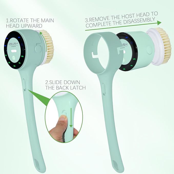 Electric Body Brush Back Scrubber, Waterproof Long-Handle 5-Head Electric Body Scrubber, Rechargeable Bath Brush and 3 Types of Speed Body scrubbe，for Cleaning Massaging and exfoliating (Green)